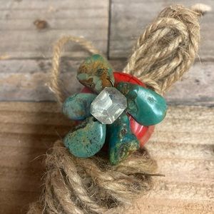 Red Stone Ring with Turquoise Stones and Crystal